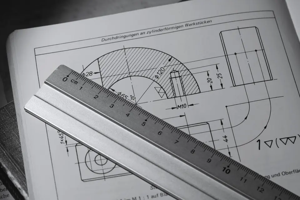 Technical Drawing with Metal Ruler on Paper