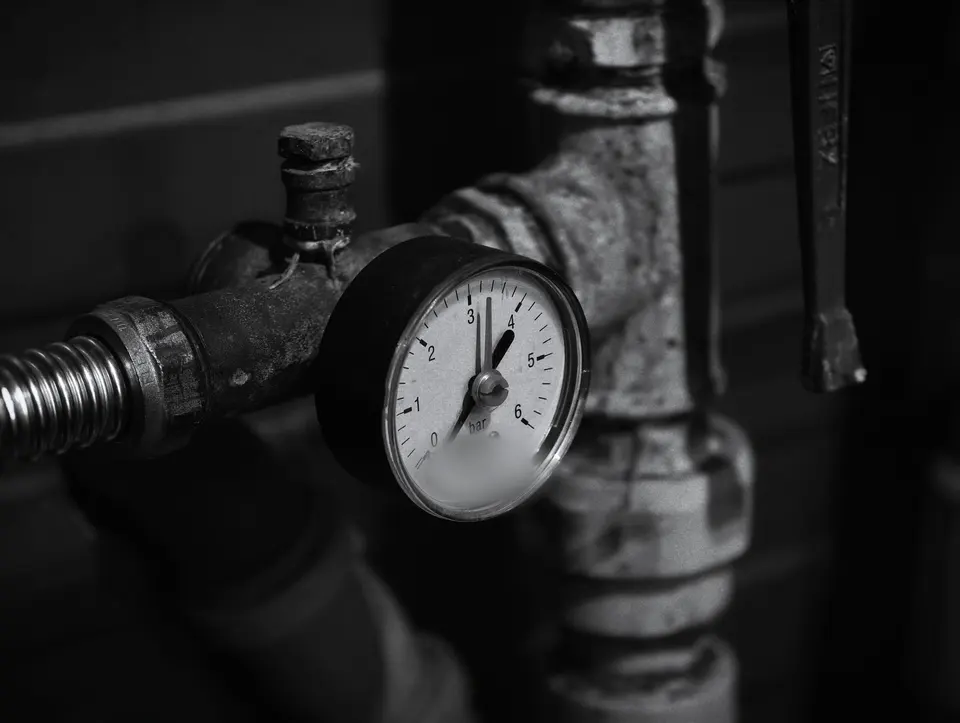 Industrial Pressure Gauge in Black and White